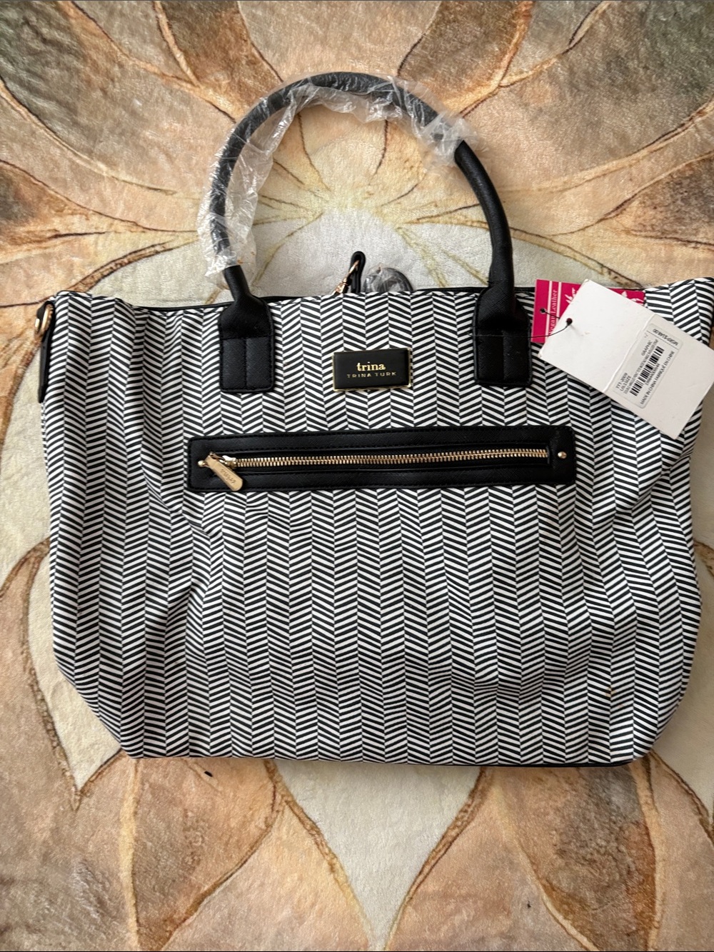 Trina Turk Black & White Chevron Tote with Gold Hardware